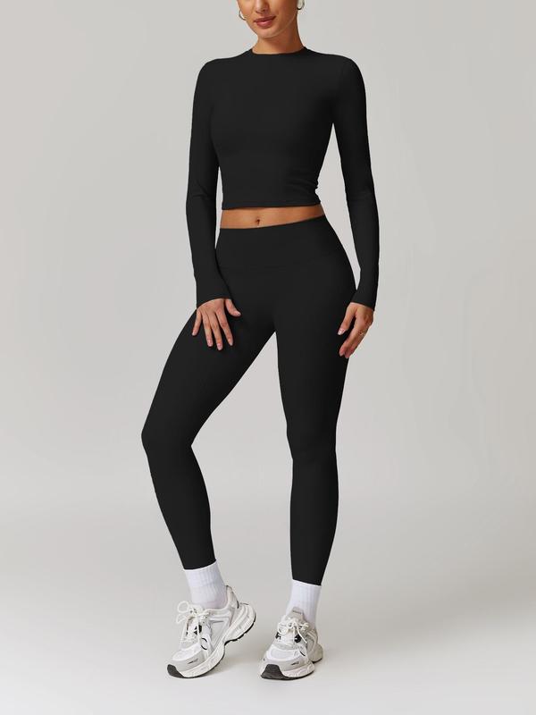 Two-Piece Set Women's Solid Long Sleeve Crop Top & High Waist Leggings Tracksuit Set, Sporty Breathable Quick Drying Outfits for Yoga Gym Workout Running, Ladies Sportswear for All Seasons