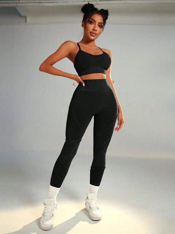 Two-Piece Set Women's Criss Cross Backless Crop Cami Top & Ruched High Waist Leggings Tracksuit Set, Solid Sleeveless Spaghetti Strap Crop Top & Skinny Pants, Ladies Sportswear for Yoga Gym Workout