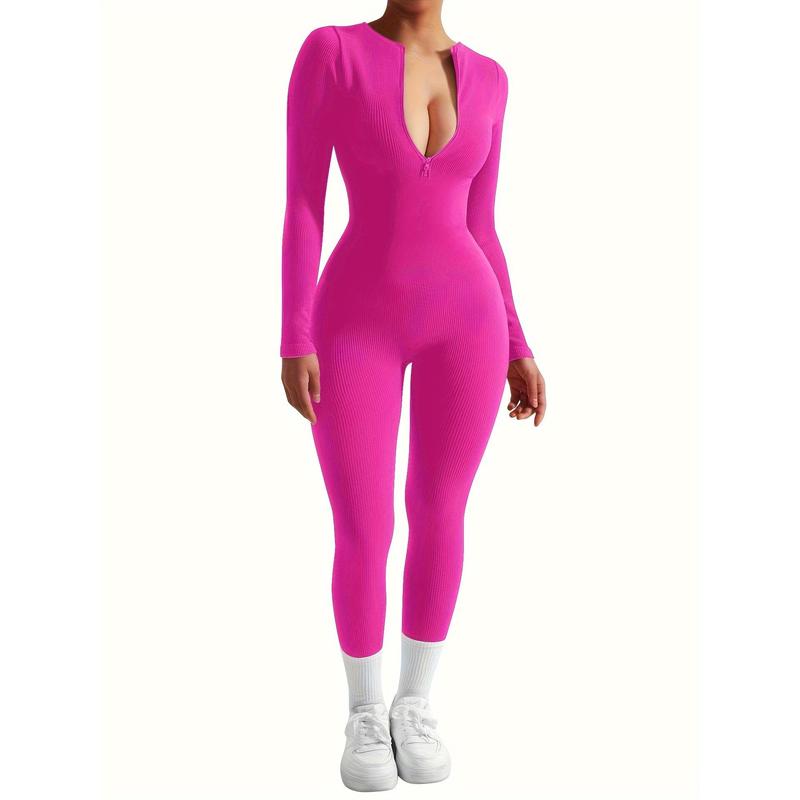 Solid Color Zip-up Skinny Jumpsuit, Athleisure Long Sleeve Jumpsuit For Yoga, Women's Clothing