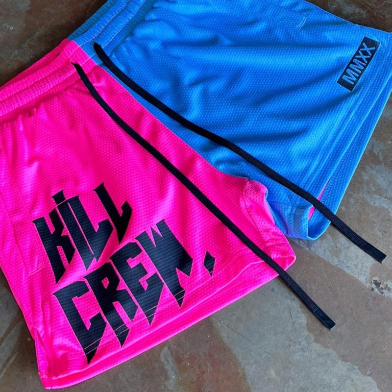 [Kill Crew] Muay Thai Shorts 2 Tone - Pink   Blue, Unisex, Mid Thigh Cut, Pockets, Gym Shorts, Elastic Waistband, Long drawcord with wax tips