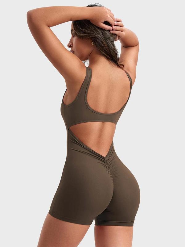 Women's Solid Cut Out Ruched Sports Tank Romper, High Stretch Seamless Yoga Workout Bodysuit, Ladies Sportswear for Indoor Outdoor Wear, Tummy Control