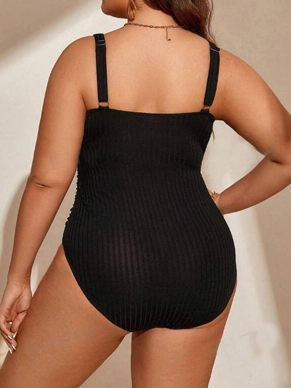  Sexy Ruched Notched Neck One-piece Swimsuit, 2024 Fashionable Summer New Solid Sleeveless Ribbed Swimwear, Women's One Piece Swimsuit for Beach Holiday Vacation, Bathing Suits for Women Summer Tummy Control Swimwear Curve