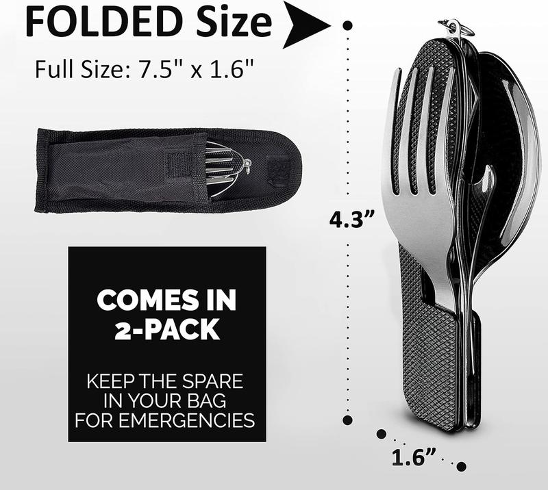 4-in-1 camping utensils, 2-pack, portable stainless steel spoon, fork, knife & Bottle opener combo set-travel, backpacking cutlery multitool, yellow