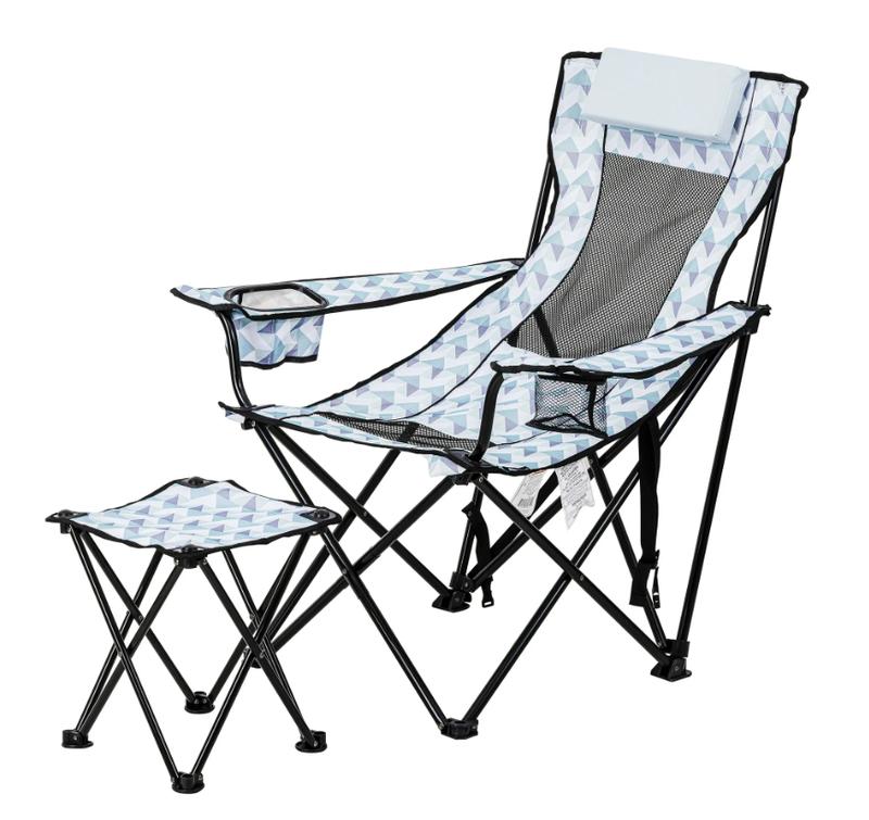 Ozark Trail Lounge Camp Chair,Detached Footrest,Blue and White Design,Padded Headrest,Adult,10.56lbs