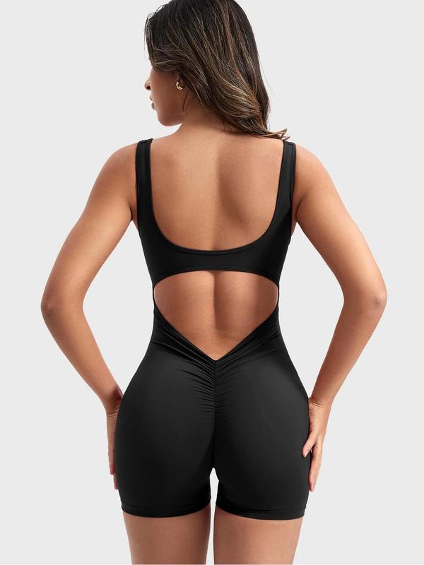 Women's Solid Cut Out Ruched Sports Tank Romper, High Stretch Seamless Yoga Workout Bodysuit, Ladies Sportswear for Indoor Outdoor Wear, Tummy Control