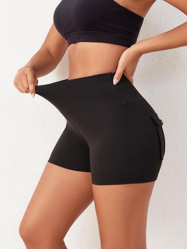 Women's Solid Button Pocket High Waist Sports Shorts, Casual Comfy Breathable Skinny Shorts for Yoga Gym Workout Running, Back To School Outfits, Ladies Sportswear for All Seasons