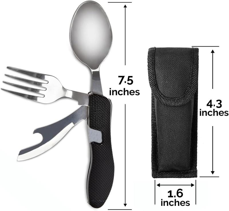 4-in-1 camping utensils, 2-pack, portable stainless steel spoon, fork, knife & Bottle opener combo set-travel, backpacking cutlery multitool, yellow