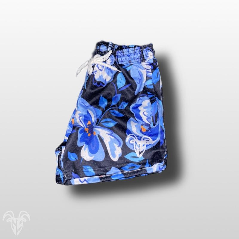 Goat Strength - 5 inch inseam shorts - Men’s flower design shorts - Blue flower shorts - Unisex flower shorts - Gym shorts - Athletic mesh shorts Fitness Zipper Pockets Workout Breathable Casual Stylish  Underwear Print Menswear Tropical Outfit Fabric out