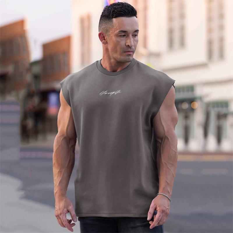 YOUNGLA Gym Sports Fitness Men's Tank Top Cotton round neck oversized sleeveless T-shirt Outdoor Basketball Training Tank Top