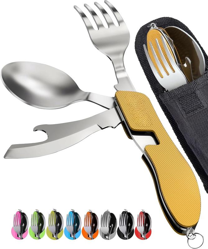 4-in-1 camping utensils, 2-pack, portable stainless steel spoon, fork, knife & Bottle opener combo set-travel, backpacking cutlery multitool, yellow