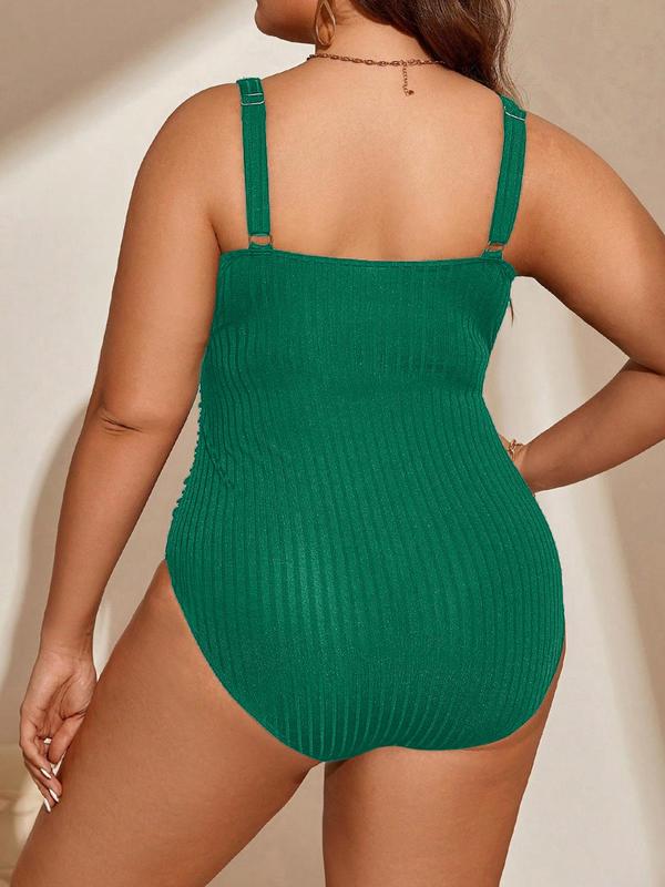  Sexy Ruched Notched Neck One-piece Swimsuit, 2024 Fashionable Summer New Solid Sleeveless Ribbed Swimwear, Women's One Piece Swimsuit for Beach Holiday Vacation, Bathing Suits for Women Summer Tummy Control Swimwear Curve