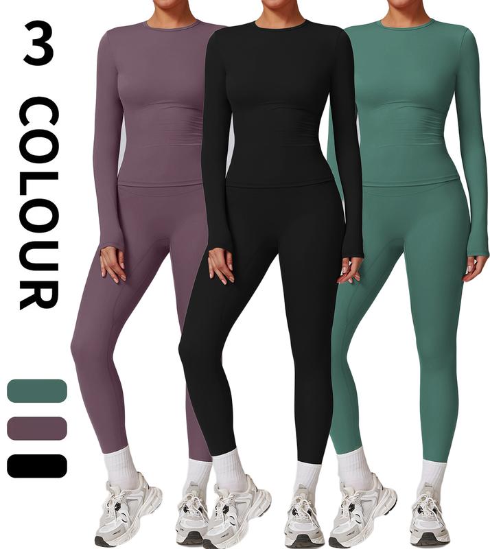 Kabuer Women's Solid Slimming Yoga Set, Long Sleeve Crew Neck Top and High Waisted Leggings for Gym Exercise, Fitness, Running and Cycling Tracksuit Set