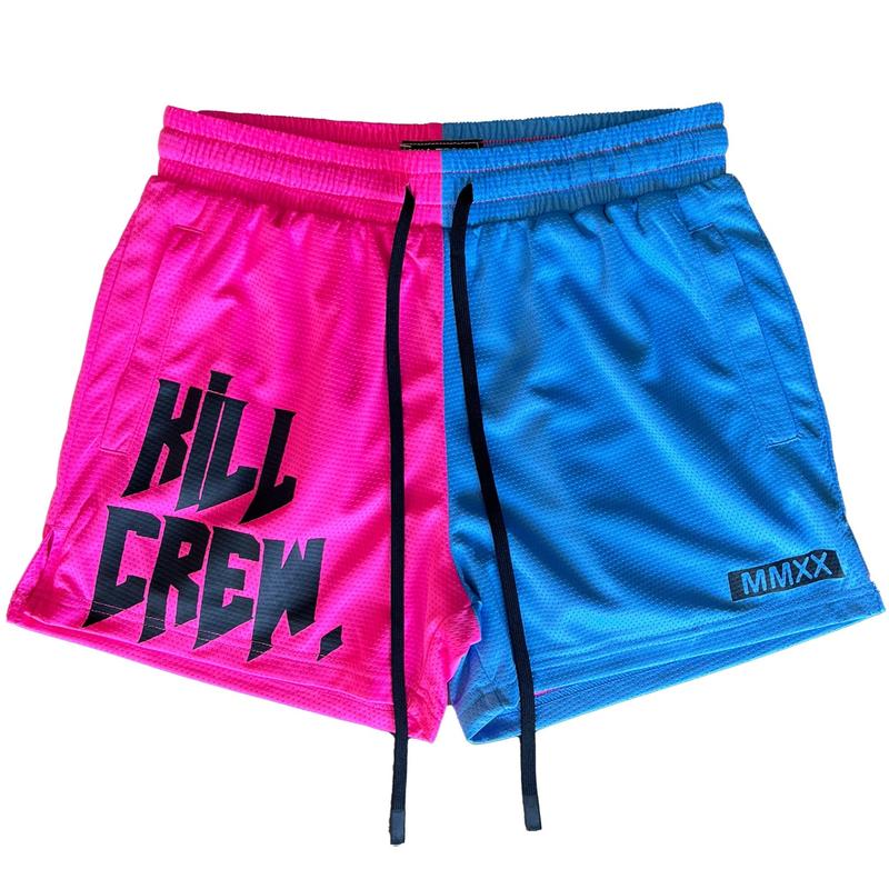 [Kill Crew] Muay Thai Shorts 2 Tone - Pink   Blue, Unisex, Mid Thigh Cut, Pockets, Gym Shorts, Elastic Waistband, Long drawcord with wax tips