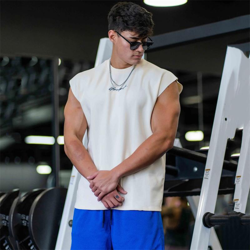 YOUNGLA Gym Sports Fitness Men's Tank Top Cotton round neck oversized sleeveless T-shirt Outdoor Basketball Training Tank Top