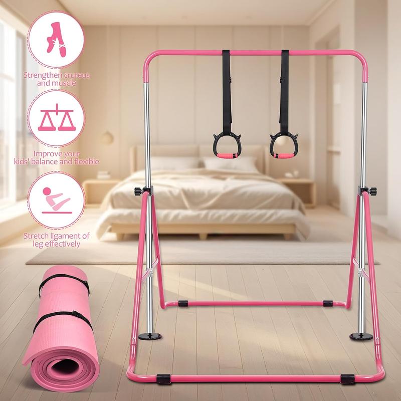 Adjustable Height Gymnastics Horizontal Bars with Rings, Expandable and Portable Folding Monkey Bars for Young Athletes