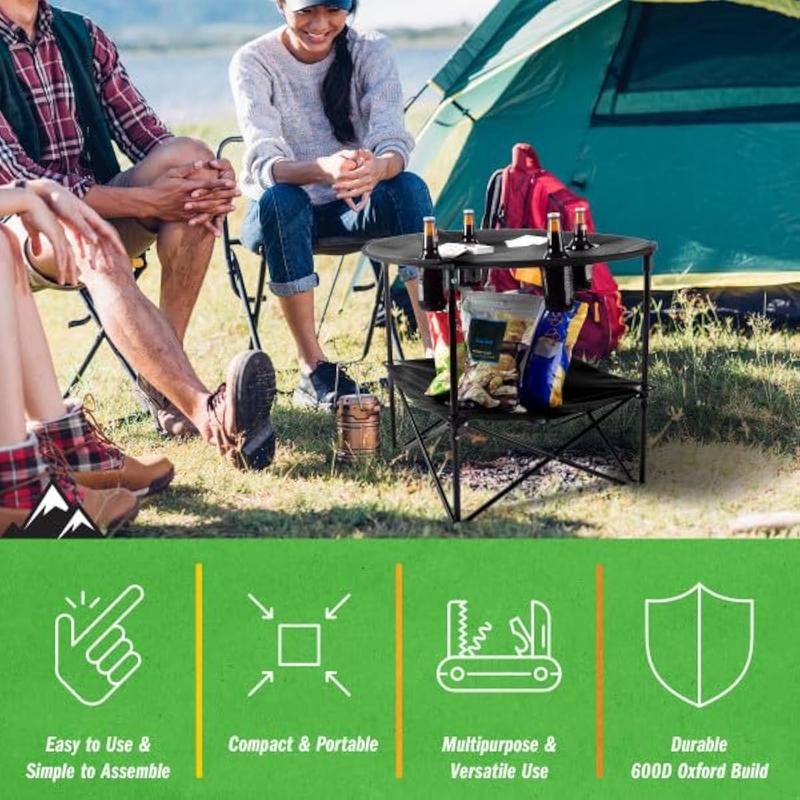 Camping Table - 2-Tier Folding Table with 4 Cupholders and Carry Bag for Picnic, Tailgate, Beach, or Camp - Camping Gear Outdoors (Black)