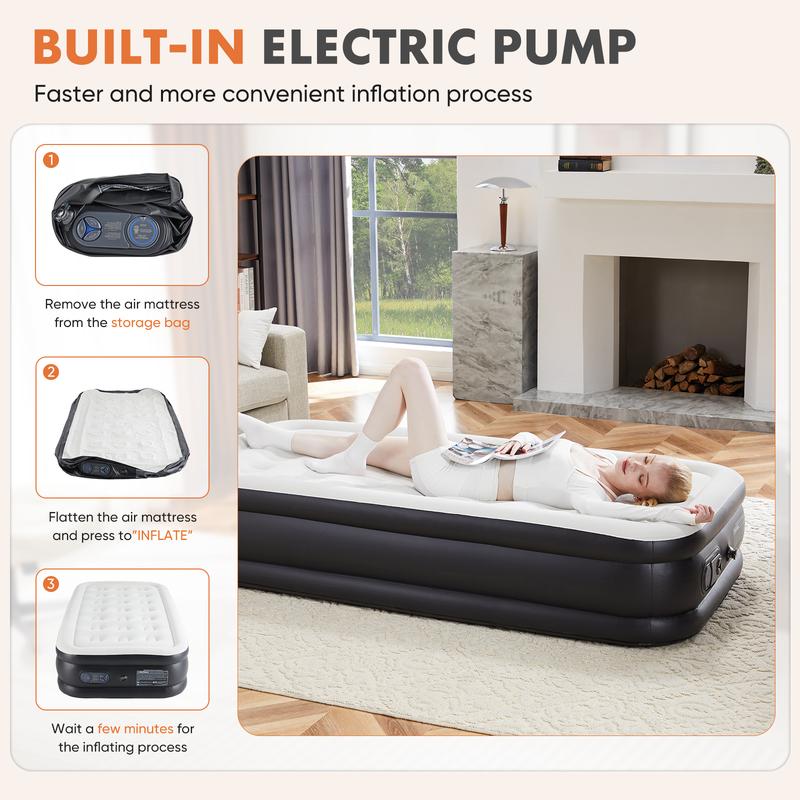 Sweet Furniture Air Mattress - Inflatable Blow Up Mattress Airbed with Built-in High Capacity Pump, Double Height, Adjustable, Non-Slip Bottom Design, Portable for Home or Camping