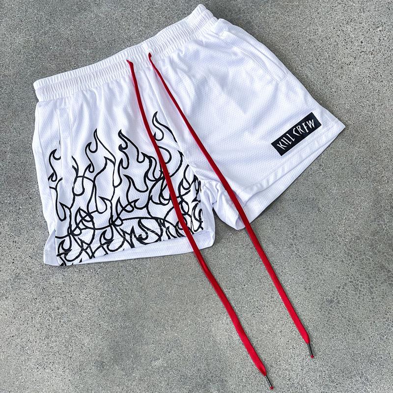 [Kill Crew] Muay Thai Shorts Flame - White   Black, Unisex, Mid Thigh Cut, Pockets, Gym Shorts, Elastic Waistband, Long drawcord with wax tips