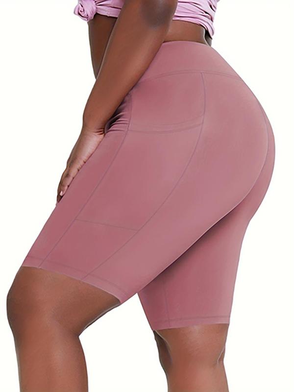  Solid Pocket Sports Shorts, High Stretch Yoga Shorts, Ladies Sportswear for Indoor Outdoor Wear