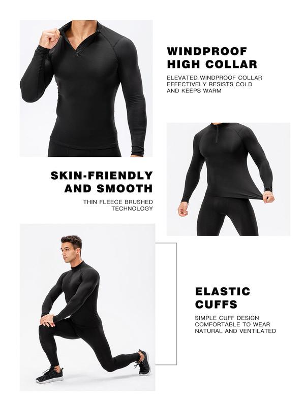 Men's Solid Zip Up Mock Neck Thermal Lined Sports Tee, Casual Comfy Breathable Long Sleeve T-shirt for Fall & Winter, Men's Sportswear for Gym Workout Running