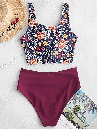 ZAFUL Women's High Waisted Tankini Scoop Neck Knotted Two Pieces Tankini Set Swimsuit