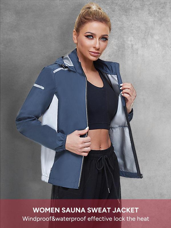 Sporty Women's Colorblock Zip Up Sauna Jacket, Long Sleeve Drawstring Pocket Hooded Sports Jacket, Workout Gym Exercise Clothing for Women