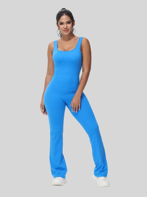 Women's Solid Cut Out Backless Ruched Sports Tummy Control Jumpsuit, Casual Sporty U Neck Sleeveless Flare Leg Jumpsuit for Yoga Gym Workout, Jumpsuit for Women, Ladies Sportswear for All Seasons