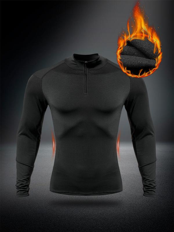 Men's Solid Zip Up Mock Neck Thermal Lined Sports Tee, Casual Comfy Breathable Long Sleeve T-shirt for Fall & Winter, Men's Sportswear for Gym Workout Running