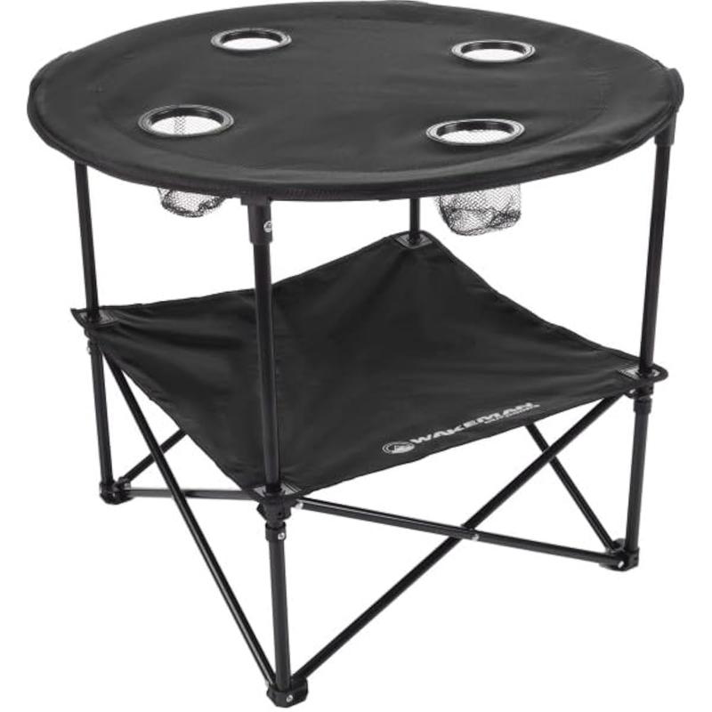 Camping Table - 2-Tier Folding Table with 4 Cupholders and Carry Bag for Picnic, Tailgate, Beach, or Camp - Camping Gear Outdoors (Black)