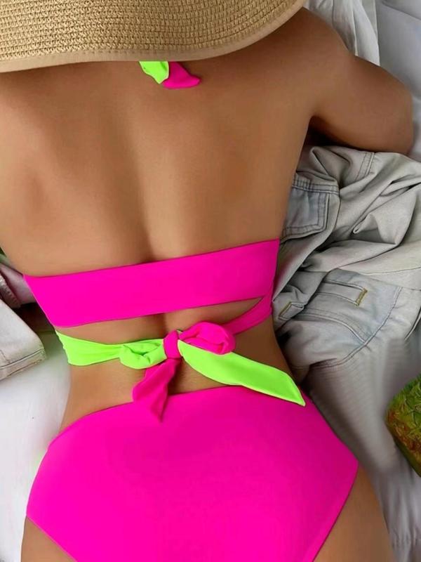 Women's 2pcs Colorblock Wrap Knot Halter Bikini Top & High Waist Bikini Bottom Bikinis for Summer 2024, Contrast Two-Tone 2 Piece Swimwear for Summer, Women's Swimsuit for Beach Holiday