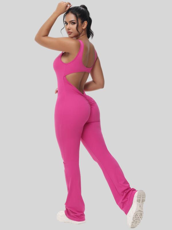 Women's Solid Cut Out Backless Ruched Sports Tummy Control Jumpsuit, Casual Sporty U Neck Sleeveless Flare Leg Jumpsuit for Yoga Gym Workout, Jumpsuit for Women, Ladies Sportswear for All Seasons