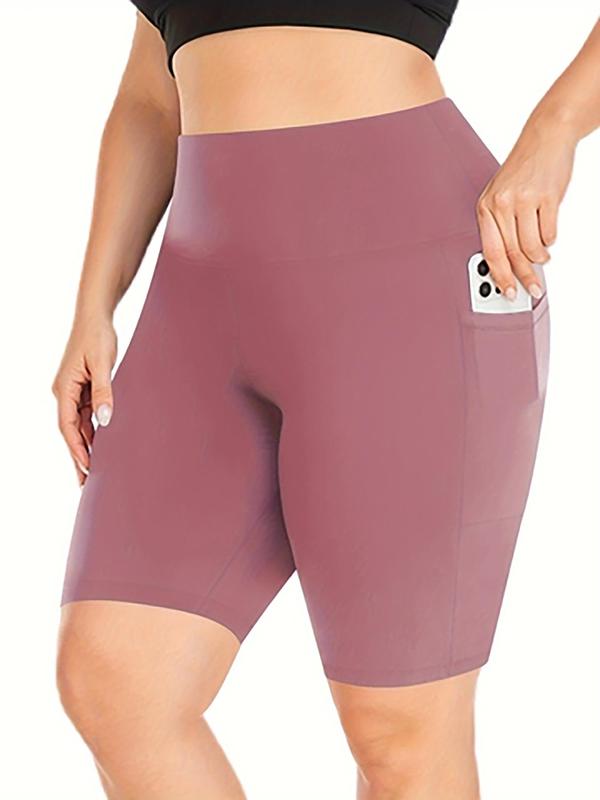  Solid Pocket Sports Shorts, High Stretch Yoga Shorts, Ladies Sportswear for Indoor Outdoor Wear