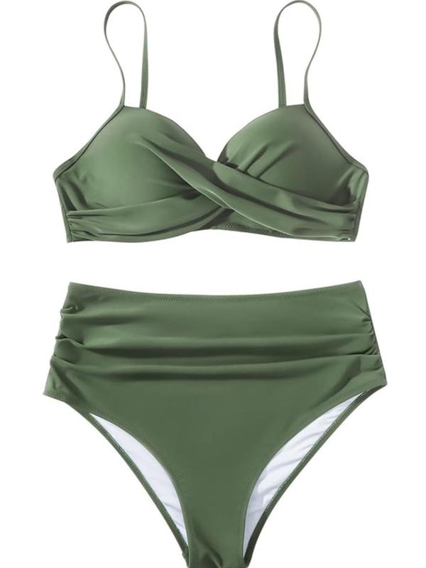 Two-Piece Set Women's Plain Criss Cross Bikini Set, Boho Fashion Swim Top & Ruched High Waist Swim Bottom, Ladies Summer Swimwear for Beach Holiday Vacation