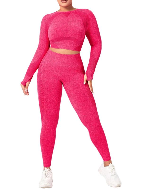 Plus Solid Long Sleeve Thumb Hole Design Crop Top & High Waist Leggings Tracksuit Set, 2024 New Arrival Summer Sporty Raglan Sleeve Top & Skinny Pants, Women's Sportswear