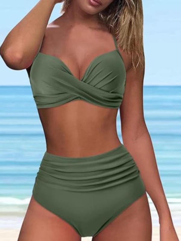 Two-Piece Set Women's Plain Criss Cross Bikini Set, Boho Fashion Swim Top & Ruched High Waist Swim Bottom, Ladies Summer Swimwear for Beach Holiday Vacation