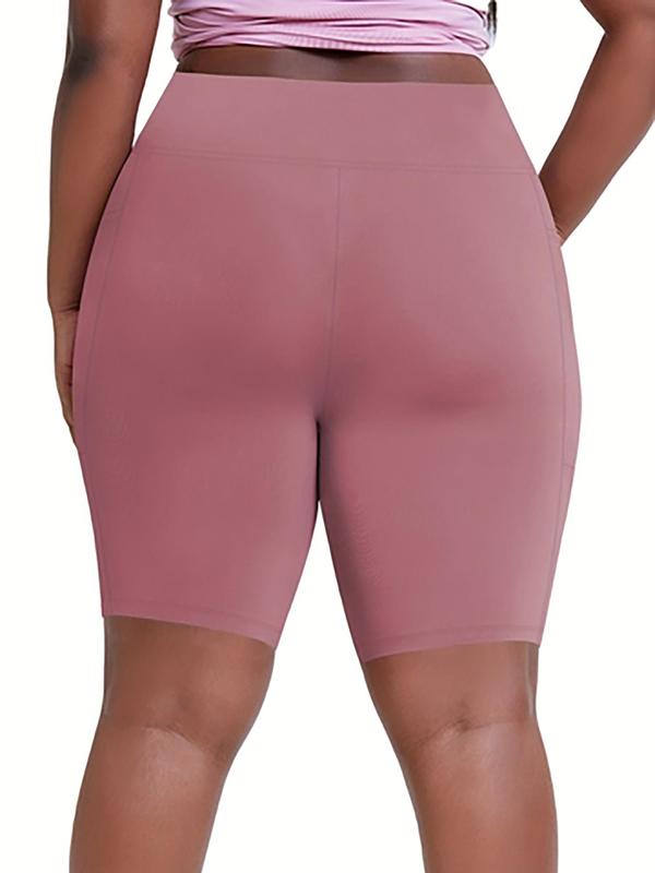  Solid Pocket Sports Shorts, High Stretch Yoga Shorts, Ladies Sportswear for Indoor Outdoor Wear