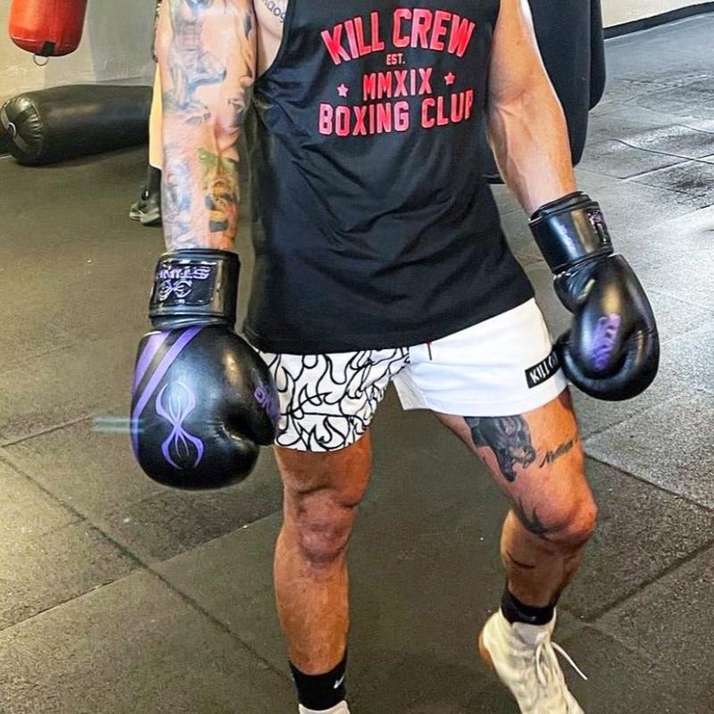 [Kill Crew] Muay Thai Shorts Flame - White   Black, Unisex, Mid Thigh Cut, Pockets, Gym Shorts, Elastic Waistband, Long drawcord with wax tips