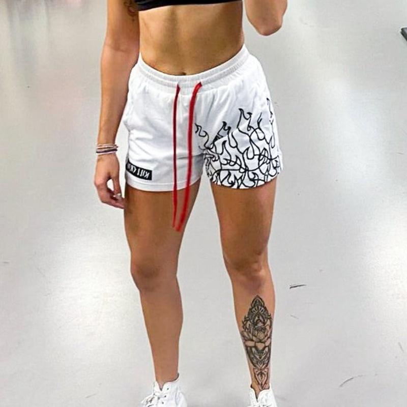 [Kill Crew] Muay Thai Shorts Flame - White   Black, Unisex, Mid Thigh Cut, Pockets, Gym Shorts, Elastic Waistband, Long drawcord with wax tips