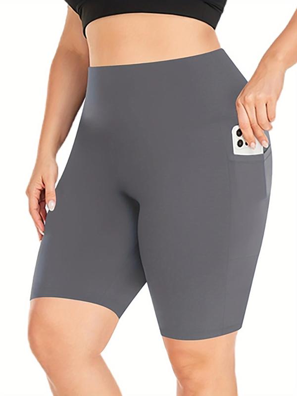  Solid Pocket Sports Shorts, High Stretch Yoga Shorts, Ladies Sportswear for Indoor Outdoor Wear