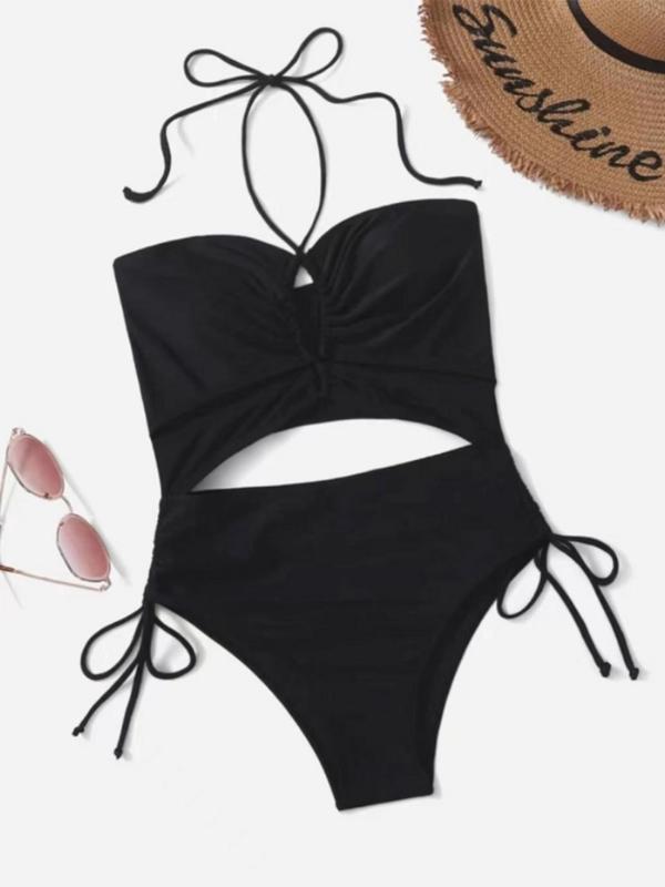 Women's Sexy Plain Cut Out Drawstring Knot Design Swimsuit, Summer Clothes Women, Solid Halter Neck Backless One-piece Swimwear, Ladies Summer Beach Vacation Bathing Suits 2024, Back-to-School Clothing, Tummy Control Swimwear