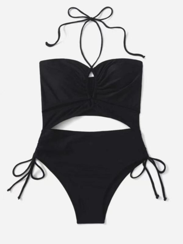 Women's Sexy Plain Cut Out Drawstring Knot Design Swimsuit, Summer Clothes Women, Solid Halter Neck Backless One-piece Swimwear, Ladies Summer Beach Vacation Bathing Suits 2024, Back-to-School Clothing, Tummy Control Swimwear