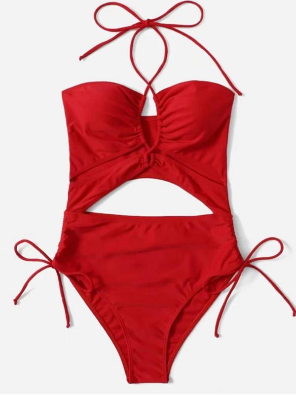 Women's Sexy Plain Cut Out Drawstring Knot Design Swimsuit, Summer Clothes Women, Solid Halter Neck Backless One-piece Swimwear, Ladies Summer Beach Vacation Bathing Suits 2024, Back-to-School Clothing, Tummy Control Swimwear